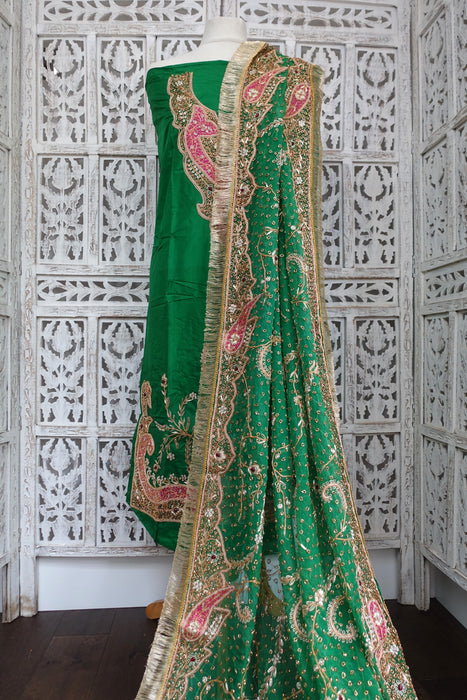 Green Vintage Silk Unstitched Suit With Dupatta - New
