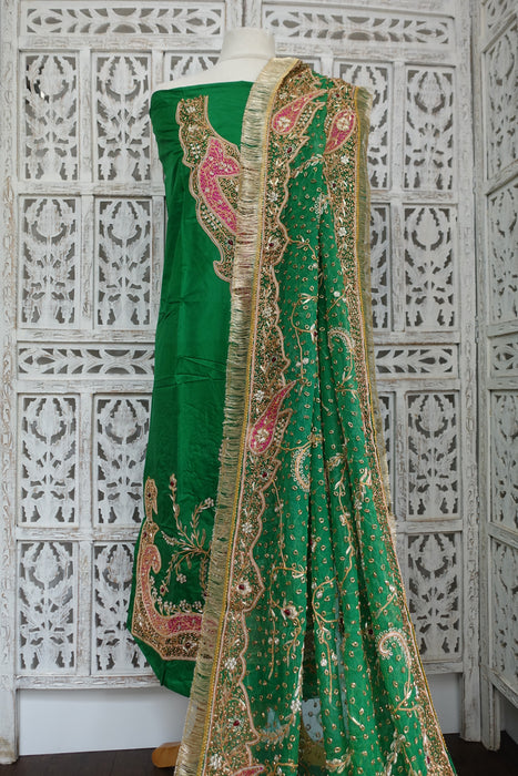 Green Vintage Silk Unstitched Suit With Dupatta - New