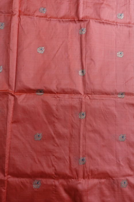 Peach Vintage Pure Silk Unstitched Suit With Gold Zari Buta