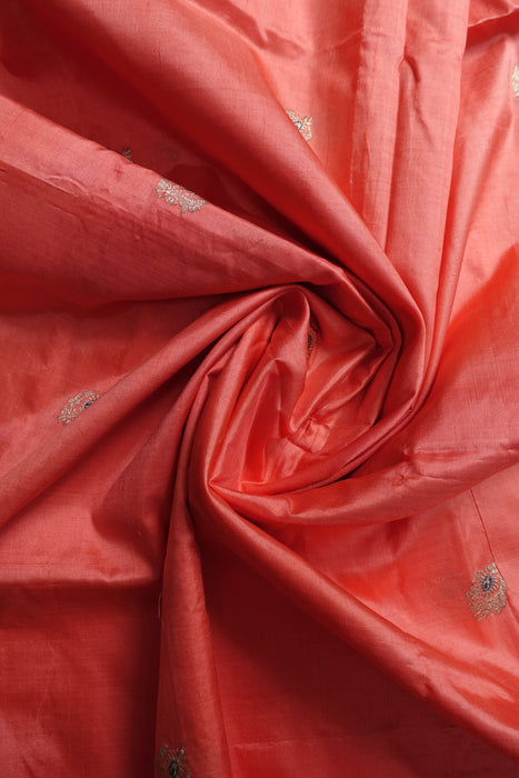 Peach Vintage Pure Silk Unstitched Suit With Gold Zari Buta