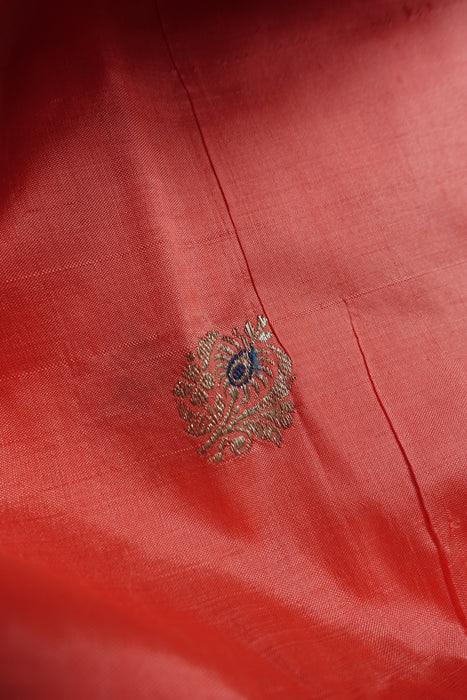 Peach Vintage Pure Silk Unstitched Suit With Gold Zari Buta