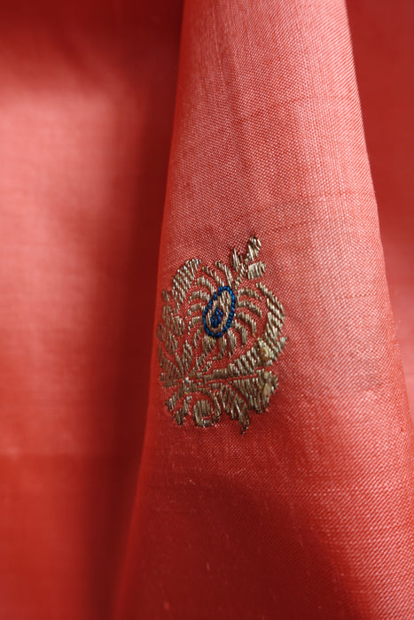 Peach Vintage Pure Silk Unstitched Suit With Gold Zari Buta