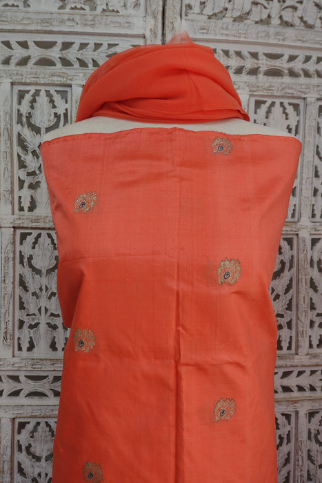 Peach Vintage Pure Silk Unstitched Suit With Gold Zari Buta