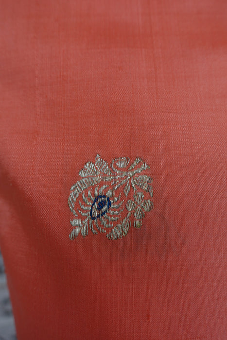 Peach Vintage Pure Silk Unstitched Suit With Gold Zari Buta