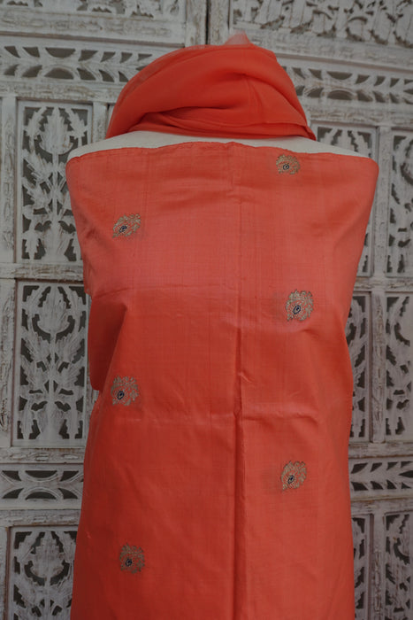 Peach Vintage Pure Silk Unstitched Suit With Gold Zari Buta