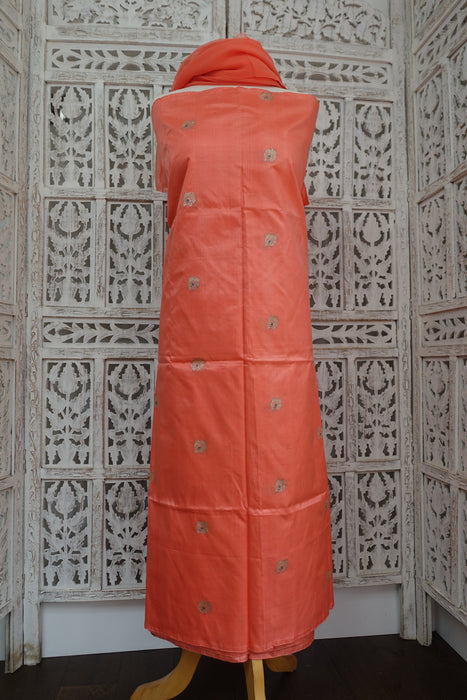 Peach Vintage Pure Silk Unstitched Suit With Gold Zari Buta
