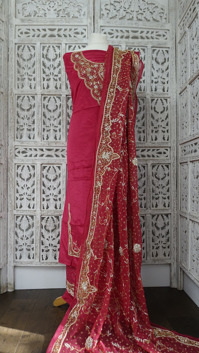 Red Crepe Vintage Wedding Unstitched Suit With Matching Dupatta - New