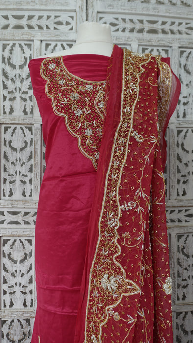 Red Crepe Vintage Wedding Unstitched Suit With Matching Dupatta - New