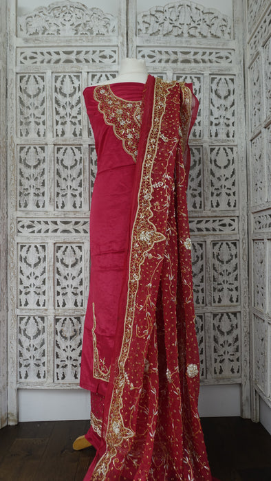 Red Crepe Vintage Wedding Unstitched Suit With Matching Dupatta - New