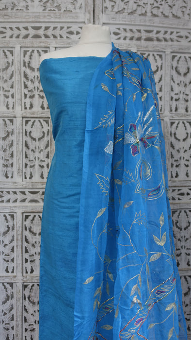 Blue Raw Silk Vintage Unstitched Suit - New