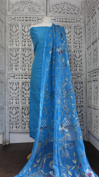 Blue Raw Silk Vintage Unstitched Suit - New