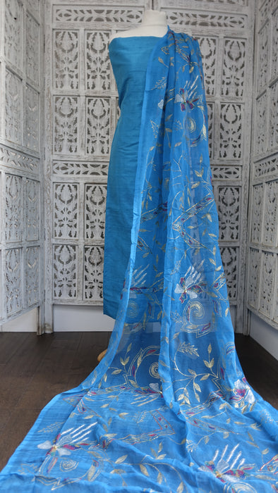 Blue Raw Silk Vintage Unstitched Suit - New