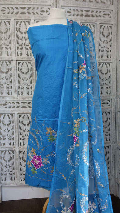 Peacock Blue Vintage Silk Unstitched Suit - New