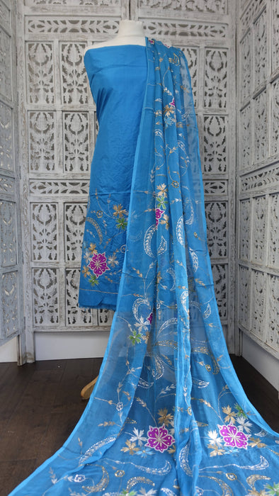 Peacock Blue Vintage Silk Unstitched Suit - New