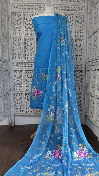 Peacock Blue Vintage Silk Unstitched Suit - New