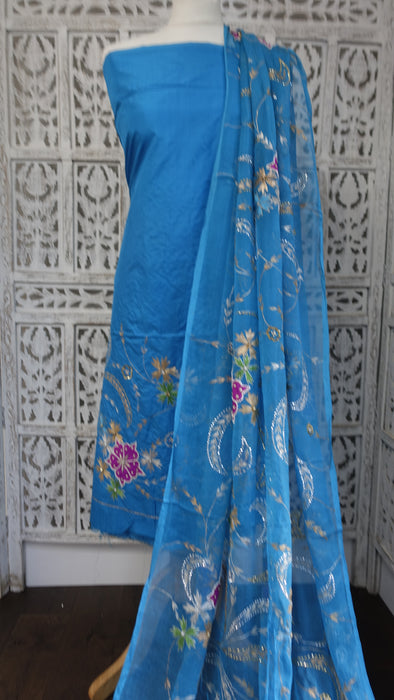Peacock Blue Vintage Silk Unstitched Suit - New