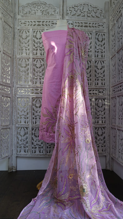 Baby Pink Silk Vintage Unstitched Suit - New