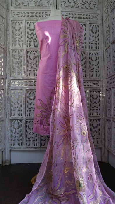 Baby Pink Silk Vintage Unstitched Suit - New