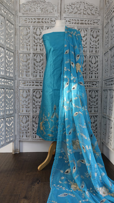 Bright Blue Vintage Silk Unstitiched Suit - New
