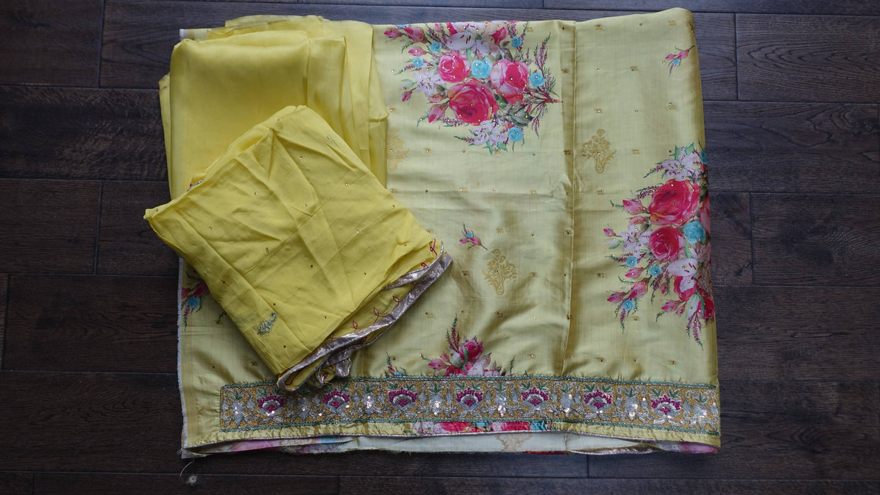 Yellow Chanderi Silk Floral Unstitched
