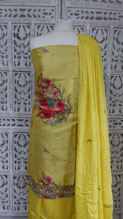 Yellow Chanderi Silk Floral Unstitched