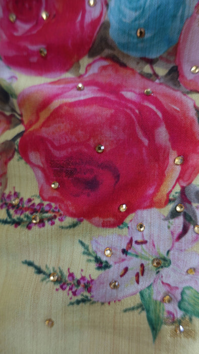 Yellow Chanderi Silk Floral Unstitched
