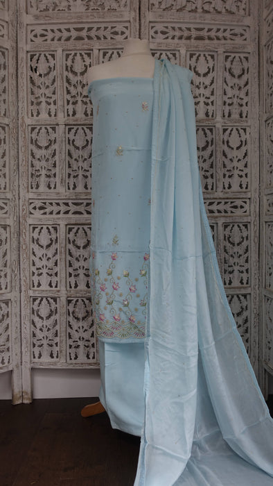 Pale Blue Chanderi Silk Embroidered 3PC Unstitched