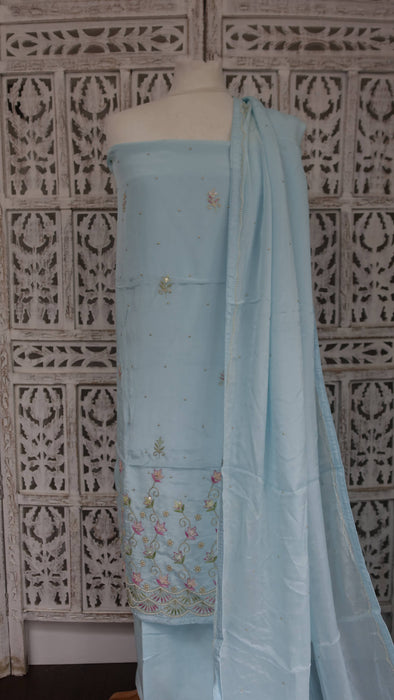 Pale Blue Chanderi Silk Embroidered 3PC Unstitched