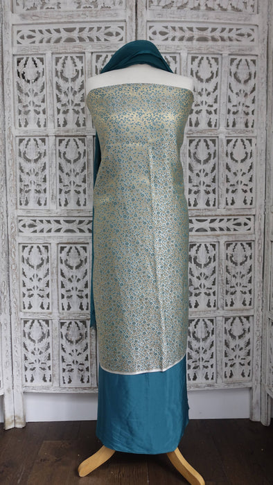Dark Teal Silk And Brocade 3Pc Jari - New