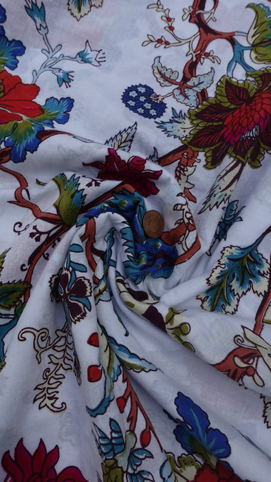 White Floral Printed Cotton Fabric - 2-3 Metres