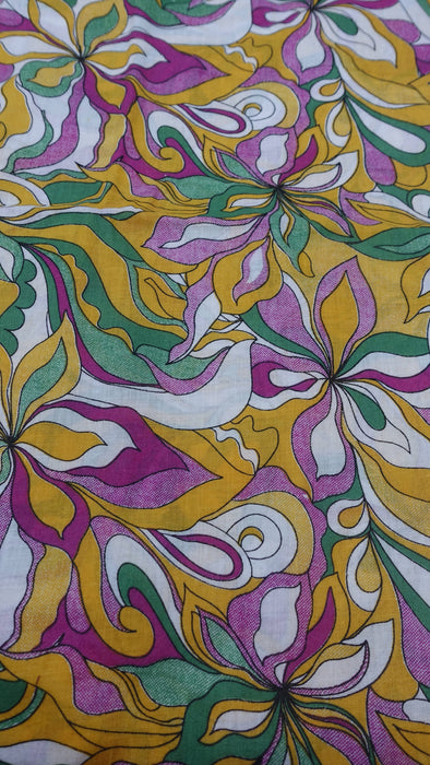 Green Purple White Retro Floral Print Fabric - 3 Metres