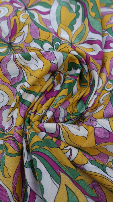 Green Purple White Retro Floral Print Fabric - 3 Metres