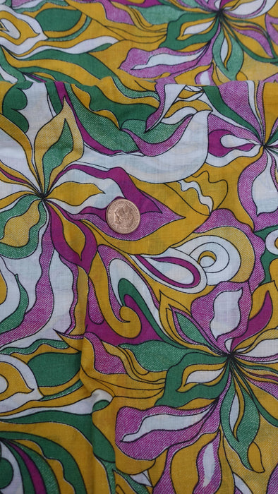 Green Purple White Retro Floral Print Fabric - 3 Metres