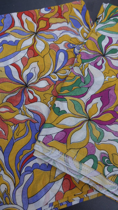 Blue Orange Red Retro Floral Print Cotton - 3 metres