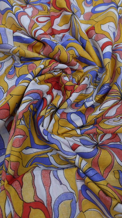 Blue Orange Red Retro Floral Print Cotton - 3 metres