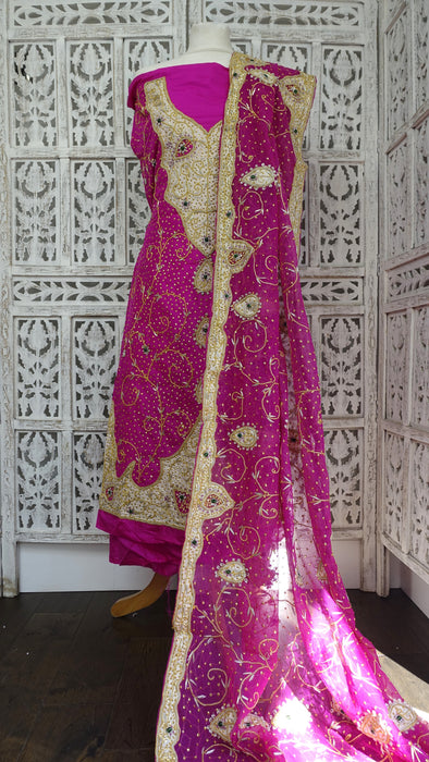 Hot Pink Pure Silk Vintage Unstitched  Suit - New