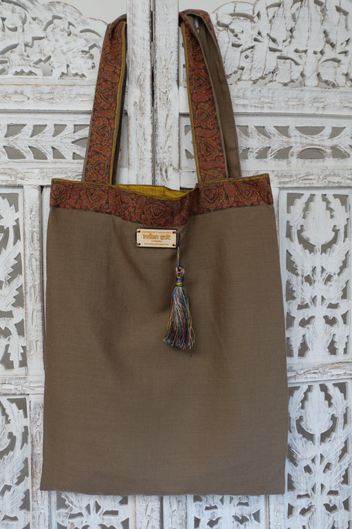 Taupe Wool Embroidered Tote Bag - New - Indian Suit Company