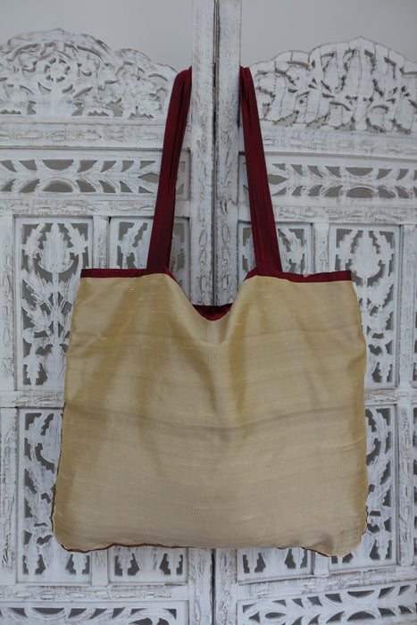 Cream And Maroon Pure Silk Tote Bag