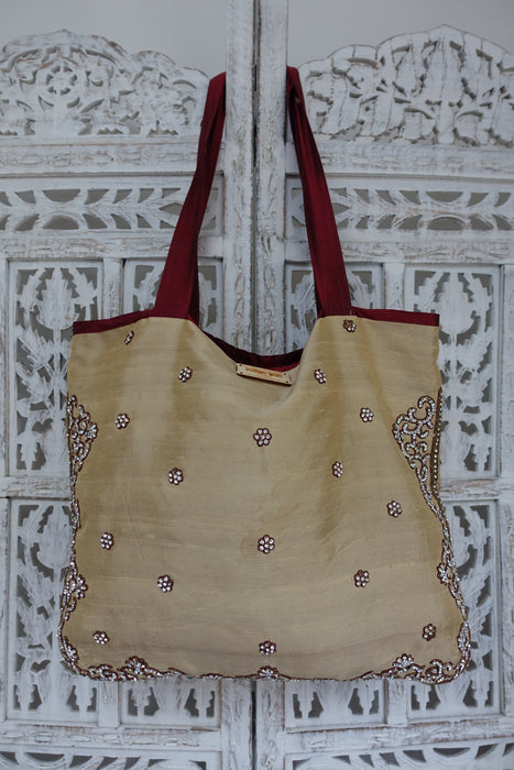Cream And Maroon Pure Silk Tote Bag