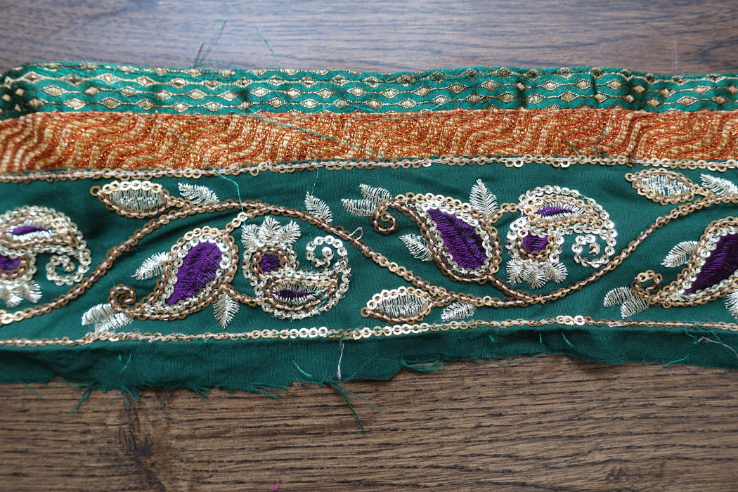 Green & Purple Reclaimed Sari Trim - Preloved - Indian Suit Company