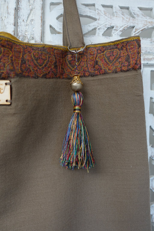 Taupe Wool Embroidered Bag - New - Indian Suit Company