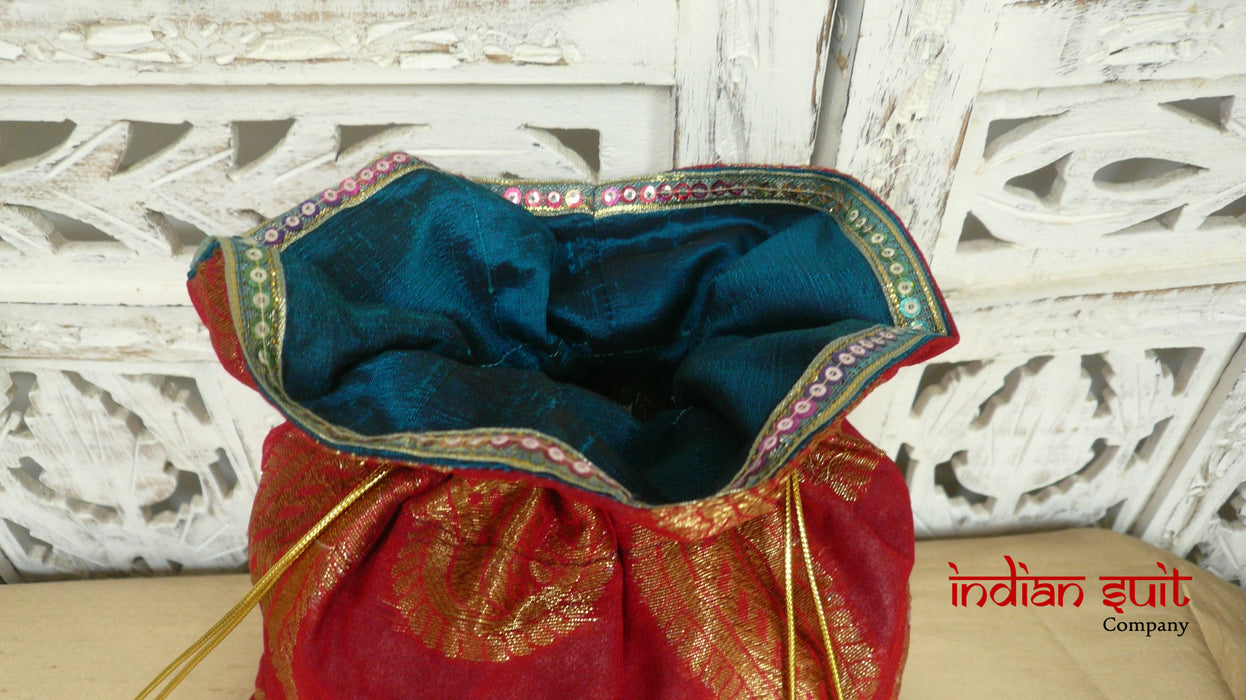 Red Paisley Design Potli Bag With Teal Silk Lining - Indian Suit Company
