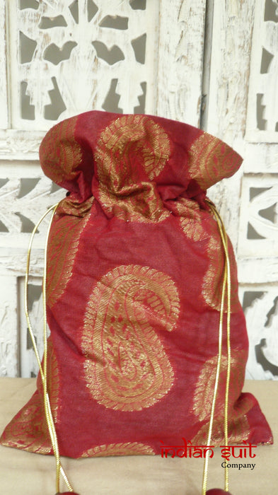 Red Paisley Design Potli Bag With Teal Silk Lining - Indian Suit Company