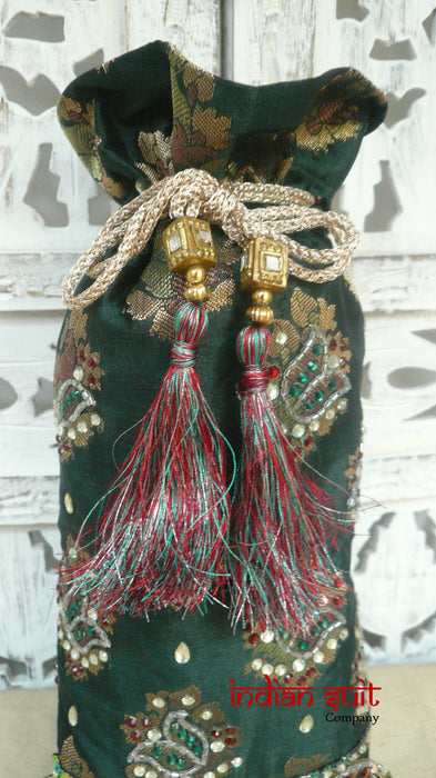Green Jewelled Potli Bag With Maroon Lining - Indian Suit Company
