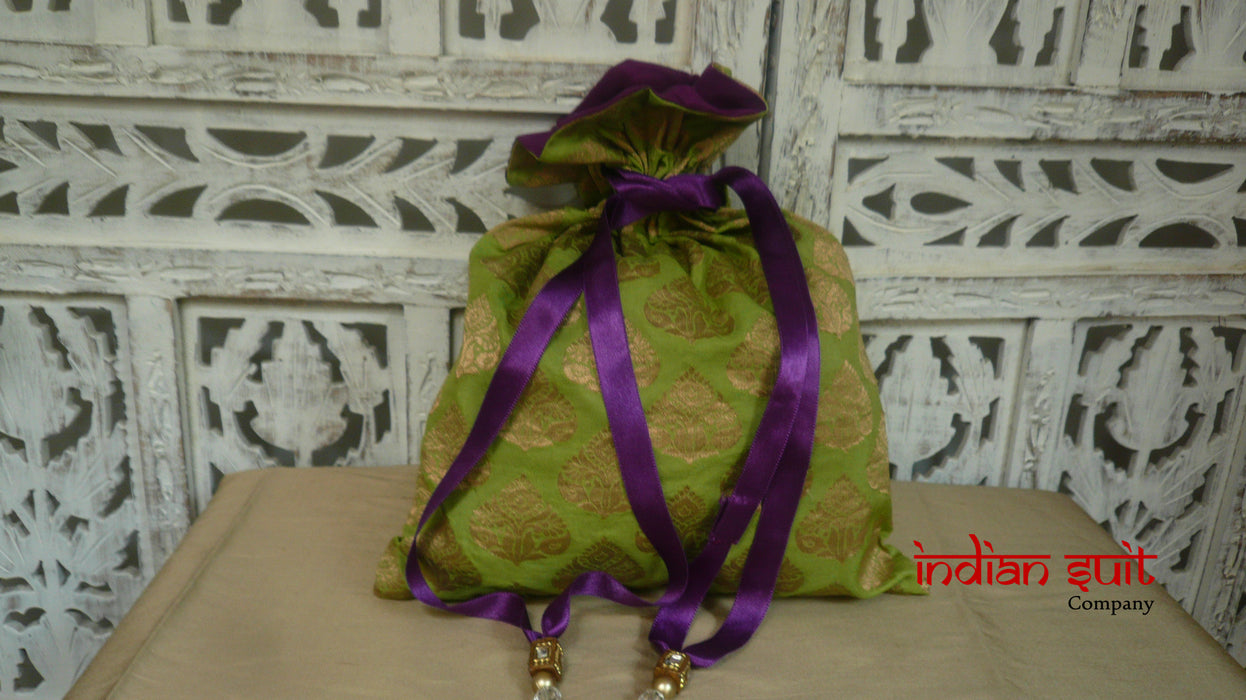 Green Silk With Purple Silk Lining Potli Bag - Indian Suit Company
