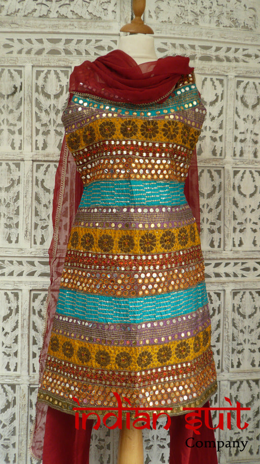 Multi Coloured Silk Churidaar Suit - UK 4 / EU 30 - Preloved - Indian Suit Company