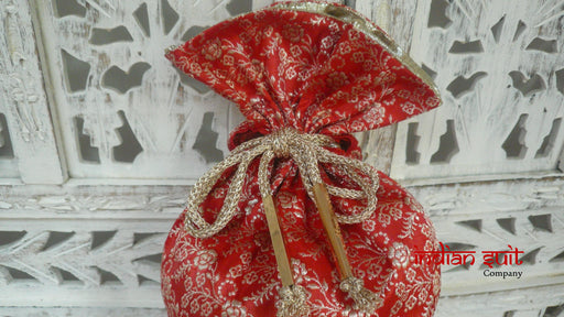 Red Banarsi Silk Long Potli Bag With Rectangular Bead Trim - Indian Suit Company