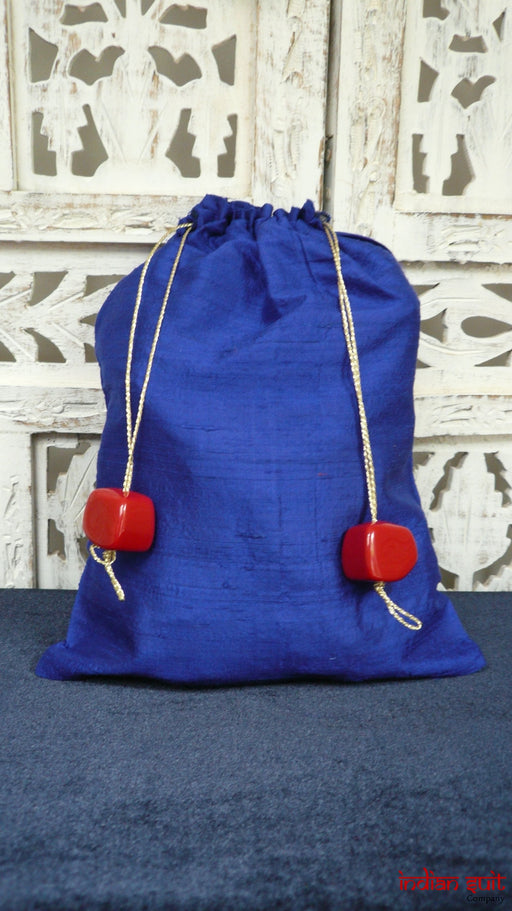 Royal Blue Raw Silk Potli Bag With Red Square Beads - Indian Suit Company
