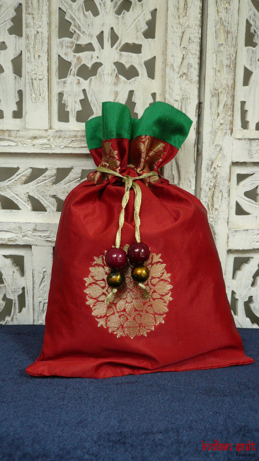Red Silk Potli Bag With Green Silk Lining - Indian Suit Company