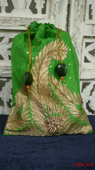Green Vintage Silk Potli Bag - Indian Suit Company